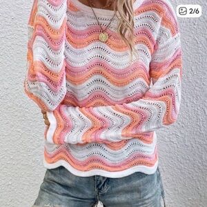 SHEIN Pink, Peach & White Open-Knit Wave Stripe Sweater